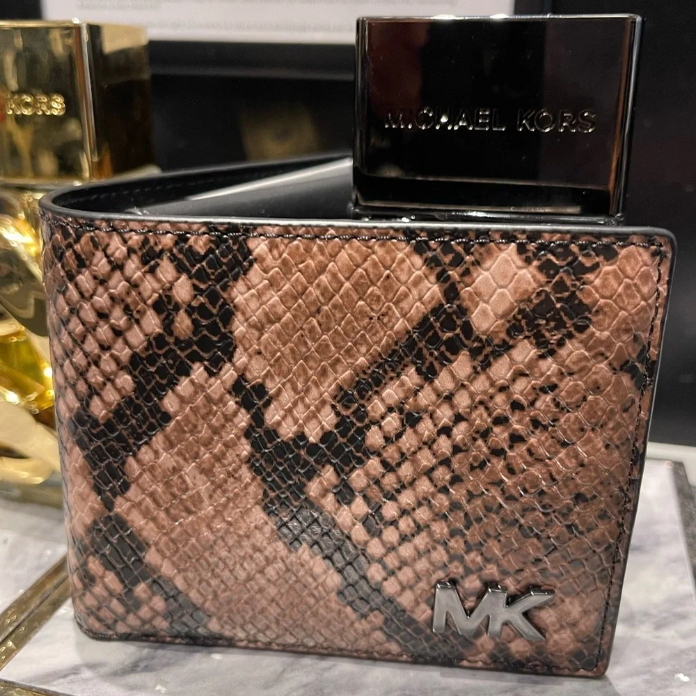 MICHAEL KORS Cyrus Snake Embossed Billfold Wallet With Coin Pouch Driftwood  NWT